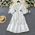 Frenchclassy heavy industry nail drill lapel lantern sleeve waist mesh tassel patchwork large swing puffy dress for women