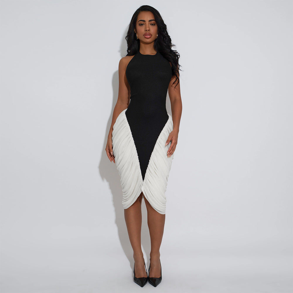C7583 cross-border   fashion women's elegant light luxury textured ruched bodycon dress