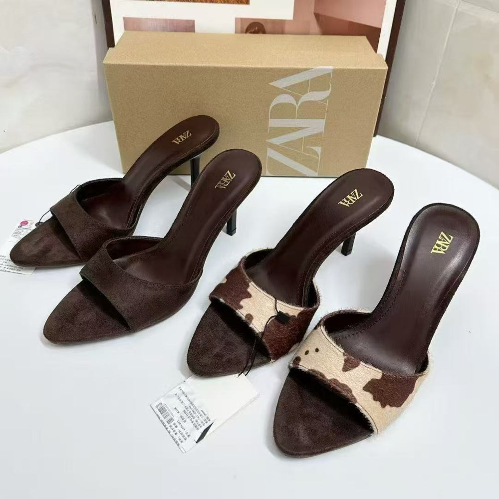 Spain 2025 autumn new arrivals: niche sandals - ankle strap, open back, deep brown-yellow, pointed toe, stiletto heel sandals & slippers