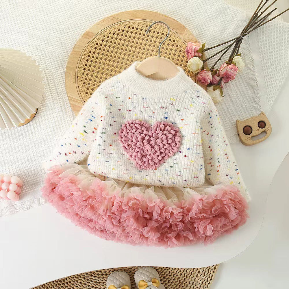 Girlsweater round neck knitting bottom shirt new arrival heartcolorfulsweetfleece-linedthickened children's sweater