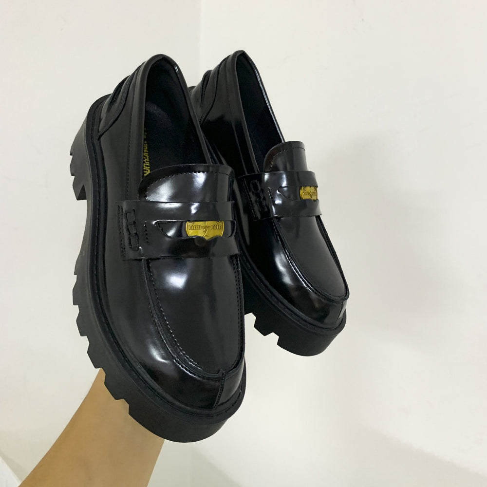 Grape mom's same style retro british style small gold coin single leather shoes thick heel thick sole round toe patent leather slip-on loafers