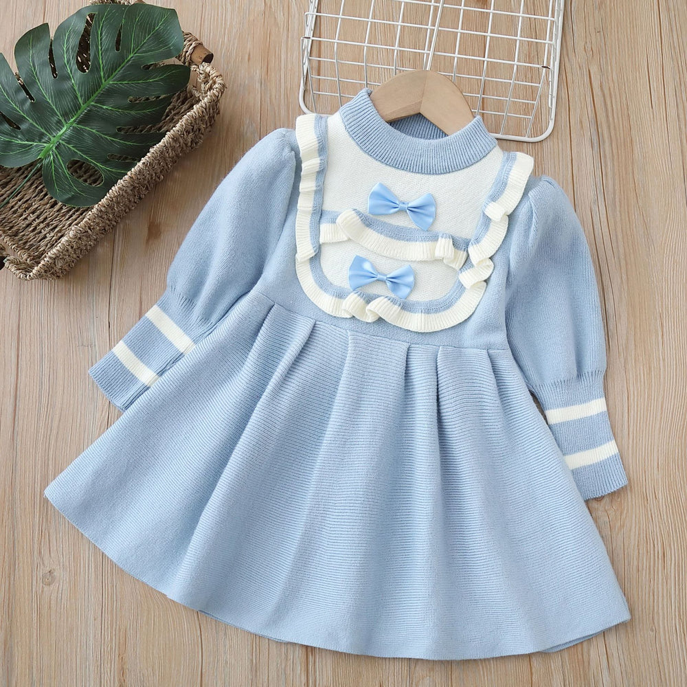 fall/winter new girls' knit dress - children's sweater dress with bow detail, sweet princess style