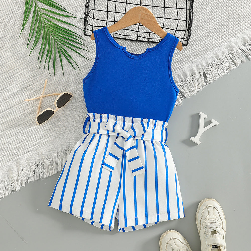 girls' summer outfit: blue sleeveless tank top with striped shorts and belt - two-piece set for kids' outdoor adventures