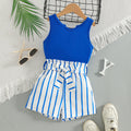 girls' summer outfit: blue sleeveless tank top with striped shorts and belt - two-piece set for kids' outdoor adventures