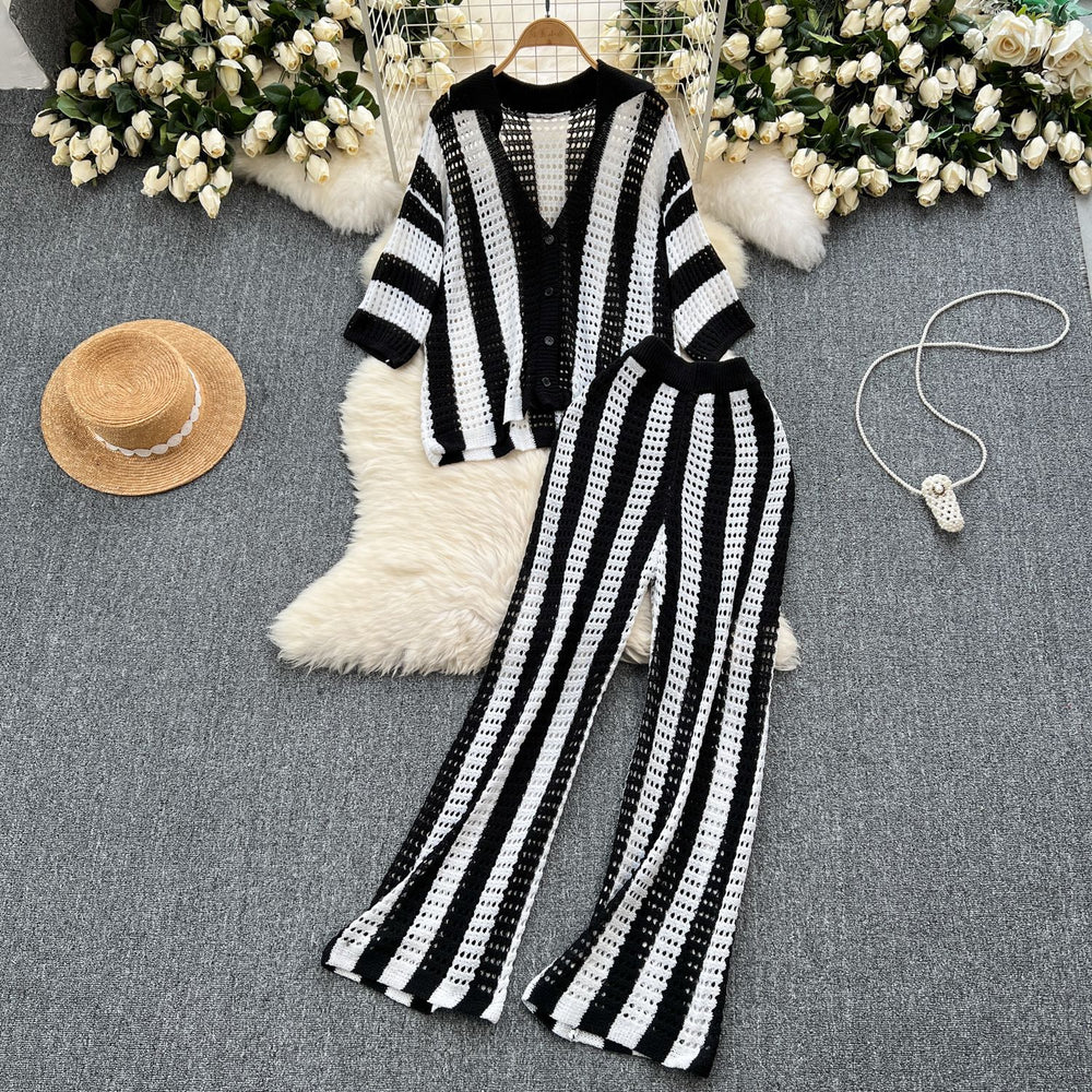 Women's summer v-neck loose knit cardigan top + wide leg pants set - color block striped cutout outfit