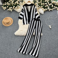 Women's summer v-neck loose knit cardigan top + wide leg pants set - color block striped cutout outfit