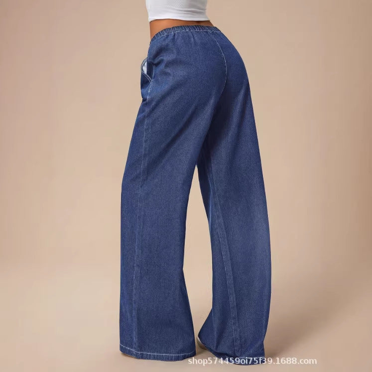 Amazon tiktok pinduoduo export cross-border fashion drawstring elastic waist wide leg jeans women's summer thin style