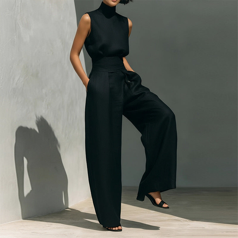 cross-border e-commerce european and american women's clothing: new summer fashion cotton linen sleeveless turtleneck long pants casual set for women