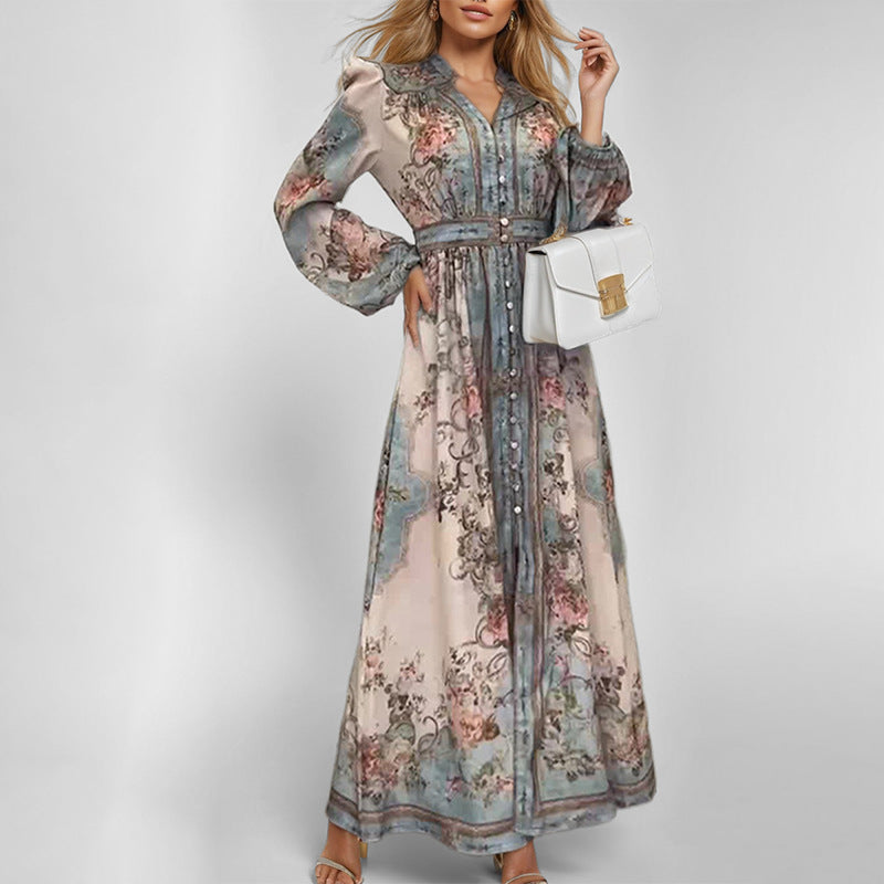 summer new women's clothing cross-border  fashion retro palace v-neck long sleeve printed swing dress