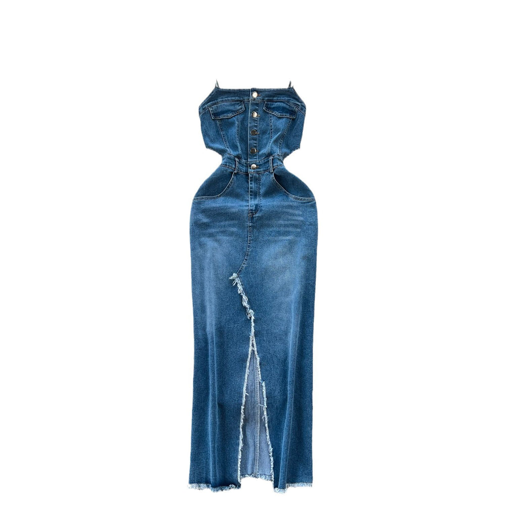 Chic hong kong style retro denim dress - designer raw hem slit slim fit midi slip dress - women's summer fashion