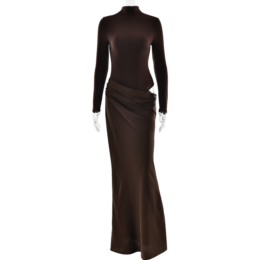 Europe and the United States  2025 summer new semi-turtleneck long-sleeved dress sexy spice slim fake two solid color long dress