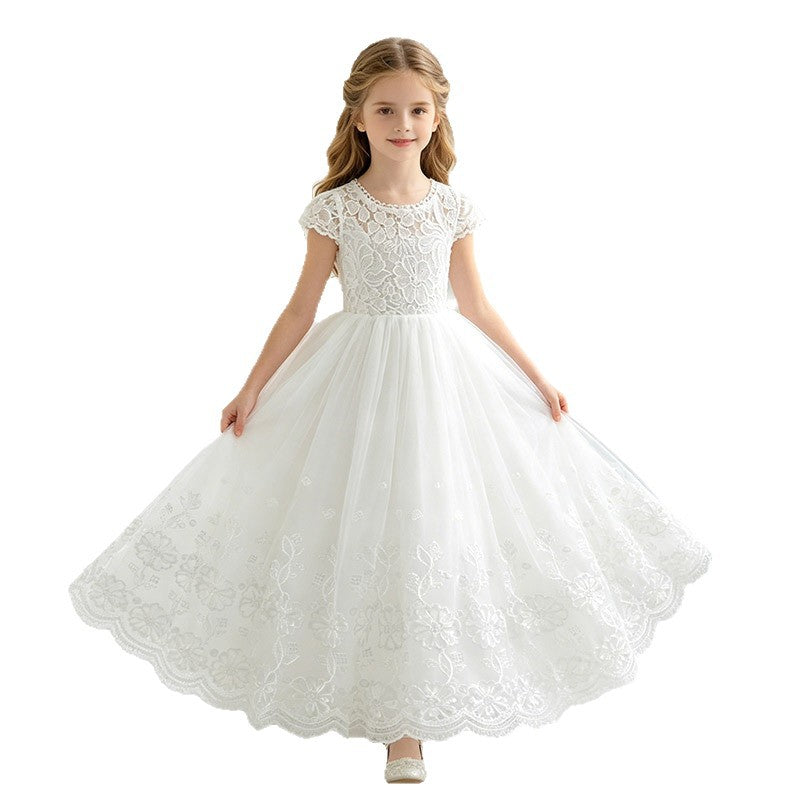 Amazon cross-border girls' dress - white minimalist style fashionable lace patchwork children's dress - new summer collection