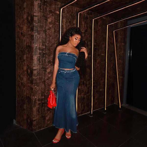 European and American women's clothing   hot sale new fashionable sexy tube top waist denim dress set