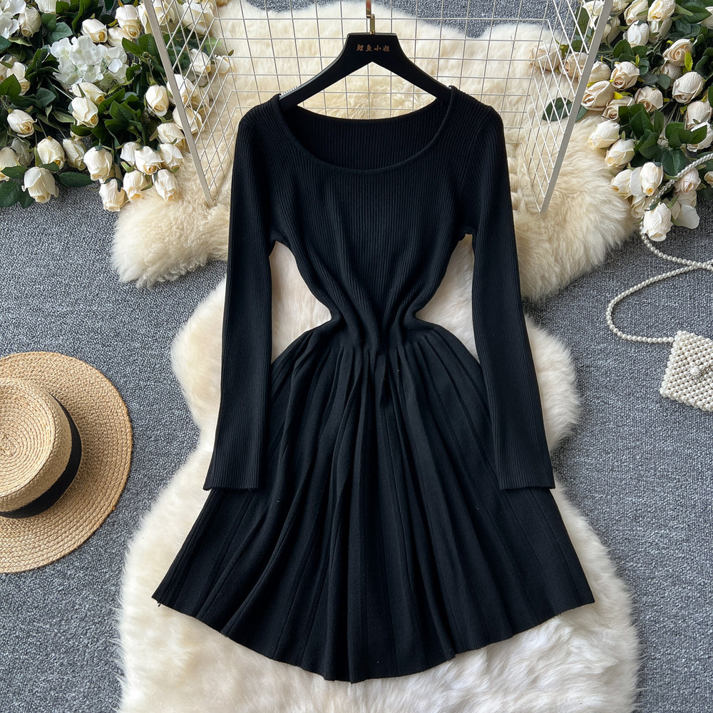Frenchniche stylesense of design square collar long sleevesknittingdress female inner wear bottom waist slimming lookpleatedsweater skirt
