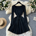 Frenchniche stylesense of design square collar long sleevesknittingdress female inner wear bottom waist slimming lookpleatedsweater skirt