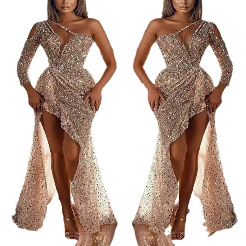 cross-border women's dreamy socialite party high-quality sexy high-slit long sleeve sequin banquet evening gown