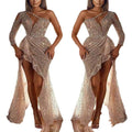 cross-border women's dreamy socialite party high-quality sexy high-slit long sleeve sequin banquet evening gown
