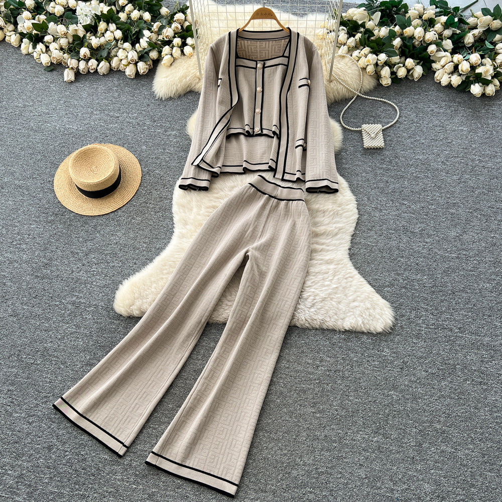 Xiaoxiangfeng fashionablesuit women's contrast color camisole knittingcardiganoutwearhigh waistloose pants three-piece set
