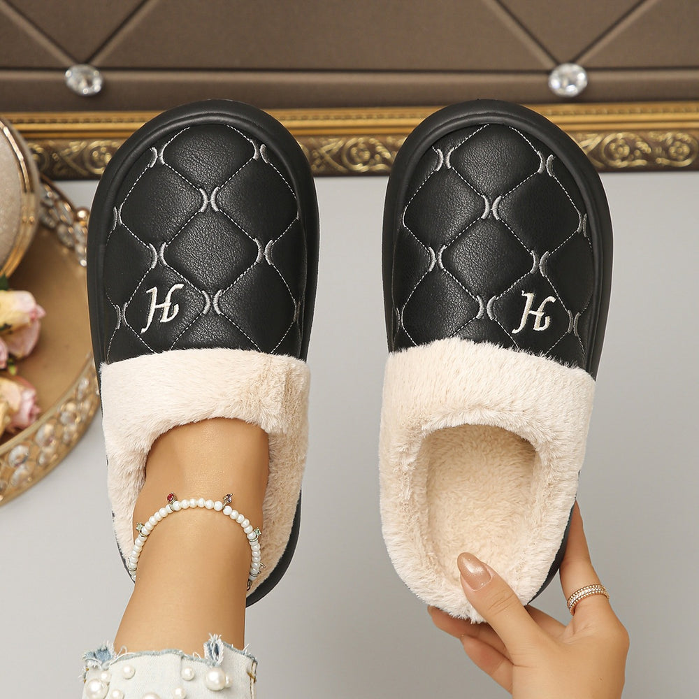 Exportplus size bag and cotton slippers winternew arrival leather waterproofnon-slipthick solecouplefleece-linedthickened wool slippers