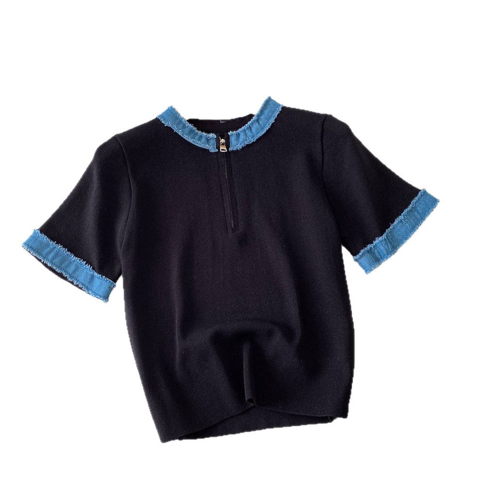 Korean style color block knit top - women's summer short sleeve crew neck half-zip cardigan - versatile, trendy, and designer-inspired top