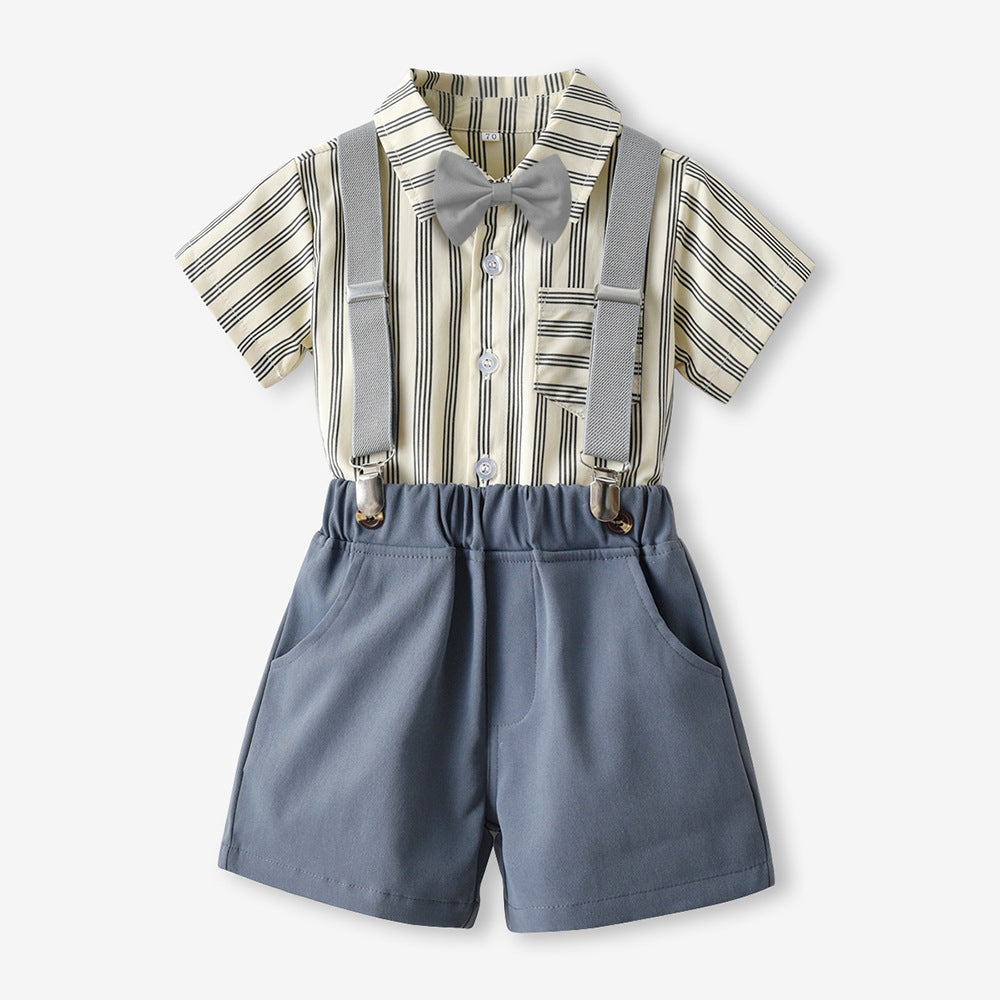 Korean style kids' outfit: new trendy striped short-sleeve overalls two-piece set for boys - lightweight summer korean fashion children's clothing