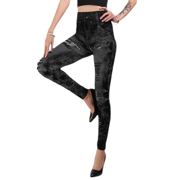 Summer european and american seamless fake ripped corset imitation denim bottom pants women's outwearhigh waist yoga nine-point pants women