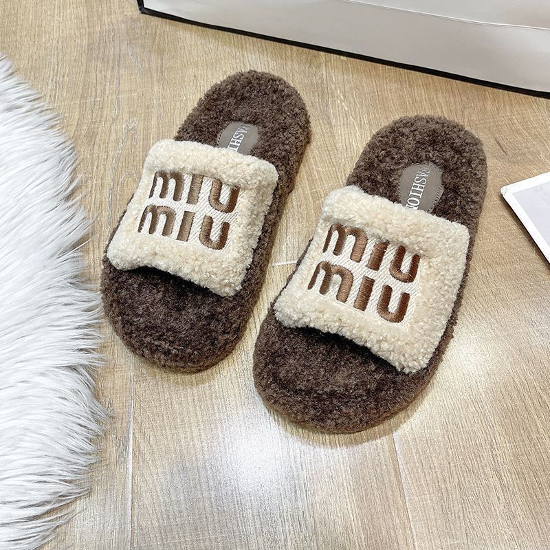 Thick sole leopard print fur slippers for women outwear2024fall and winternew arrivalpopular soft bottom home one-line cotton slippers