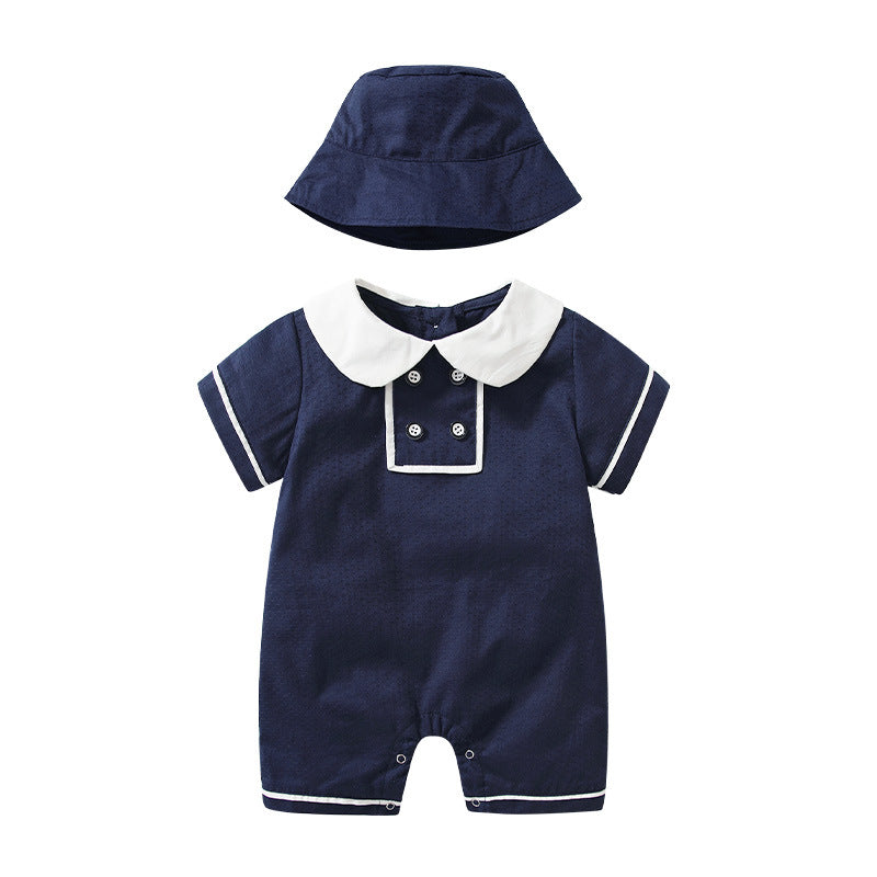 Infant and toddler summer outfit: japanese-inspired preppy style, cute peter pan collar, short-sleeve romper, baby bodysuit