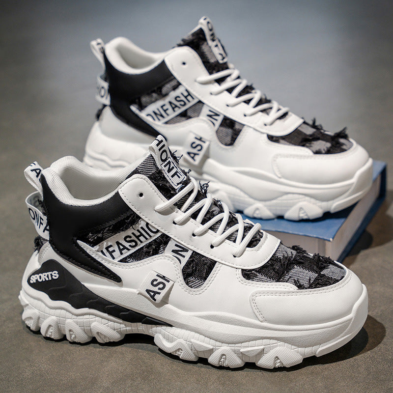 Men's spring outdoor wear-resistant chunky sole high-top sneakers - youth casual versatile high-style trendy dad shoes