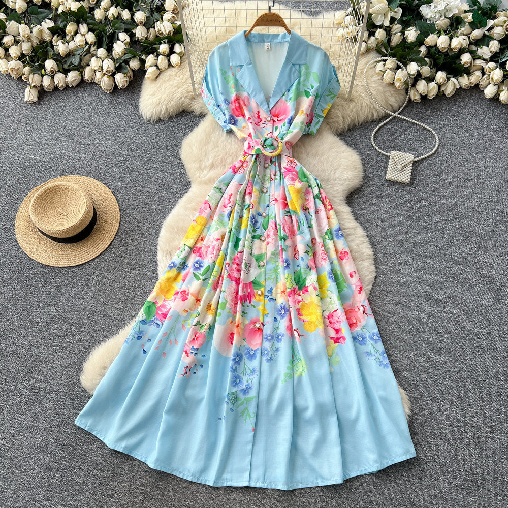 Korean style v-neck tie-waist printed dress - women's summer sleeveless floral maxi a-line dress - high waist, commute-friendly