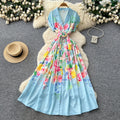 Korean style v-neck tie-waist printed dress - women's summer sleeveless floral maxi a-line dress - high waist, commute-friendly