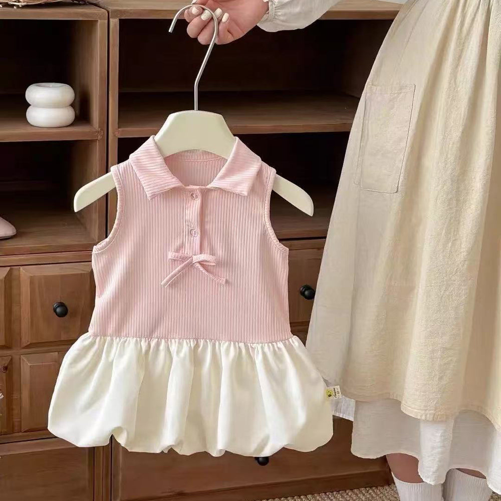 New arrival style kids girl summer dress lapel preppy style vest dress baby girl sleeveless princess dress trendy