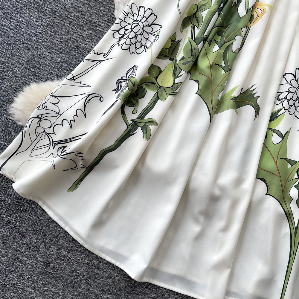 Elegant hand-painted print round neck dress - women's summer slimming a-line maxi dress