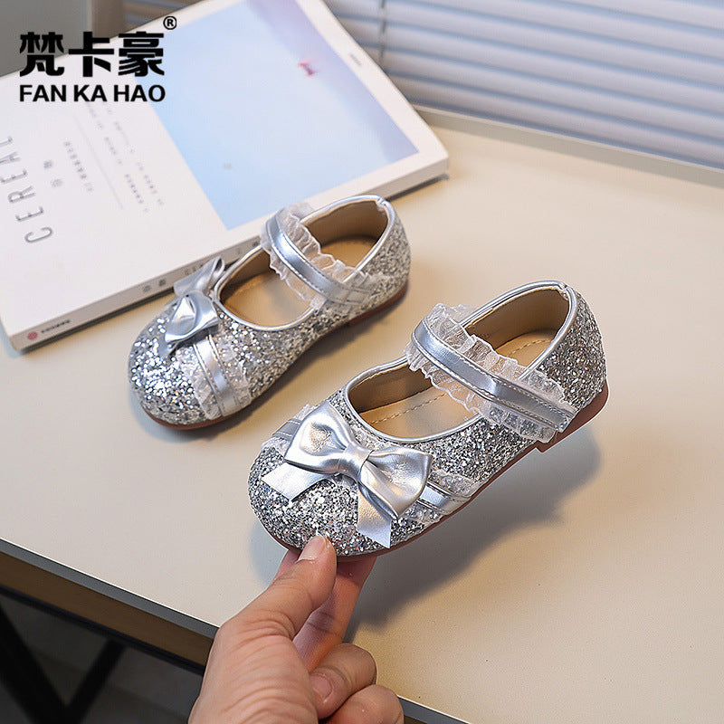 Vancahao girls' fashion sequin bow princess shoes, new korean style children's single shoes and dance shoes for spring/autumn