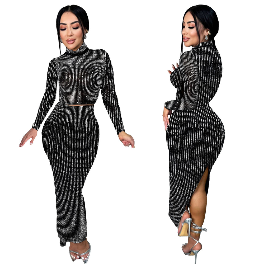 C7093 cross-border   fashion women's hot diamond slimming bag arm long sleeves two-piece skirt new