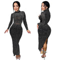 C7093 cross-border   fashion women's hot diamond slimming bag arm long sleeves two-piece skirt new