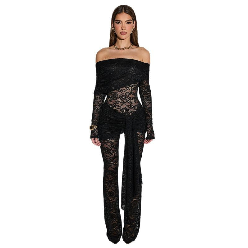 Amazon  spring new european and american style women's sexy lace hollow-out see-through slim-fit jumpsuit