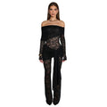 Amazon  spring new european and american style women's sexy lace hollow-out see-through slim-fit jumpsuit