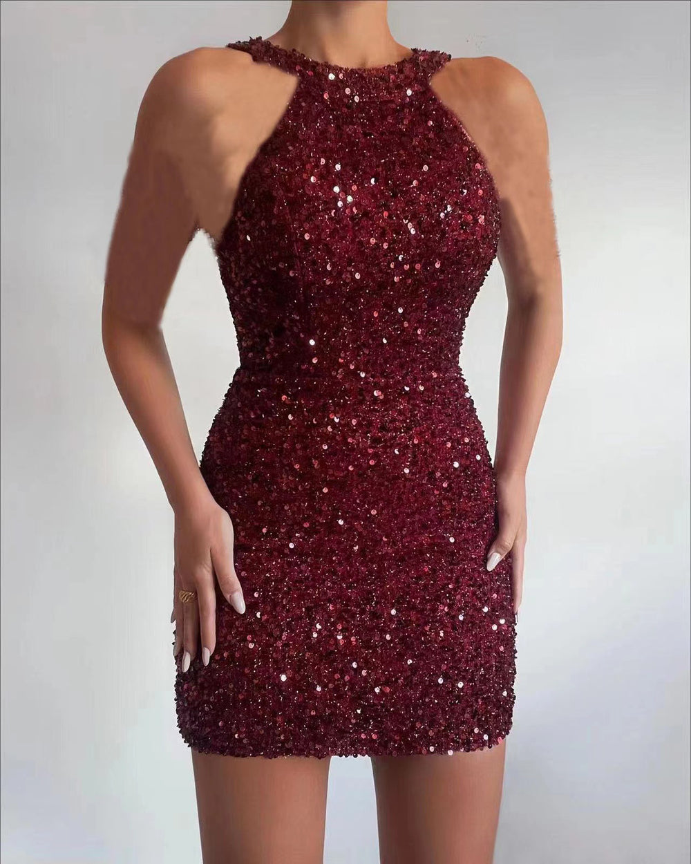 2025 european and american cross-border new fashion halter neck sexy crystal tassel bodycon sequin midi dress evening gown