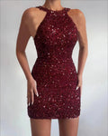 2025 european and american cross-border new fashion halter neck sexy crystal tassel bodycon sequin midi dress evening gown