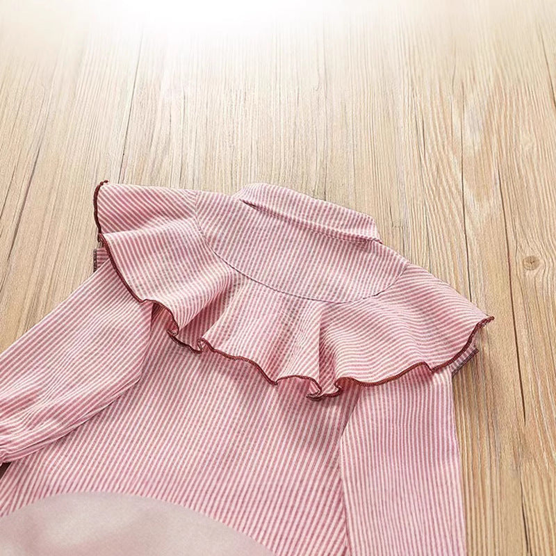 Girl shirtfleece-lined stylenew arrivalk-stylestripes lapel shirtruffles children's spring & fallcardigantops