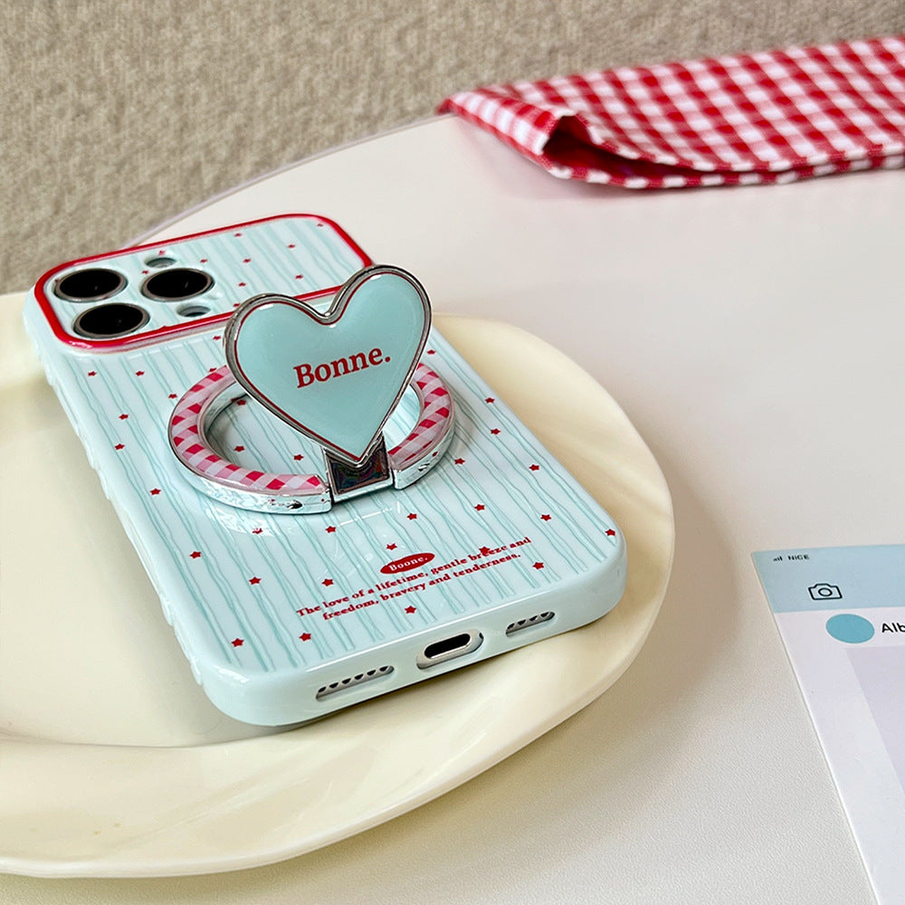 Color block vertical stripe little red star heart stand compatible with apple 17 pro max phone case sweet girl full coverage 16 protective cover