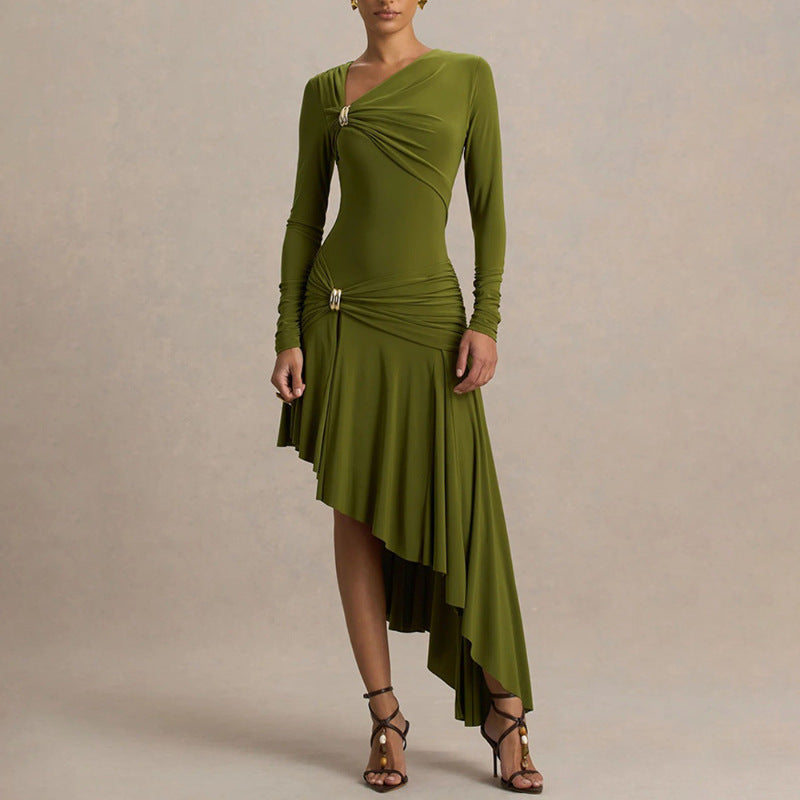Wholesale women's fashion: spring  new collection - slim-fit, sexy, ruched, asymmetrical bodycon dress for export