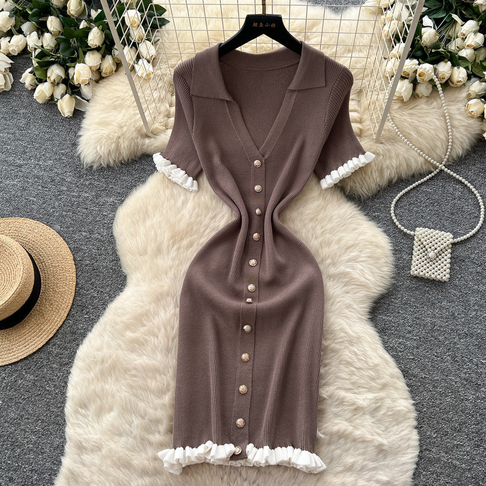 French gentle style v neck fungus edge knittingdress k-style short sleeve women's metal button slimming lookpetites short skirt