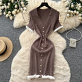 French gentle style v neck fungus edge knittingdress k-style short sleeve women's metal button slimming lookpetites short skirt