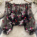 One shoulder mesh embroider see-through shirt for women summerloose outer wear puff sleeve short blouse long sleeves lace shirt
