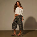 Fashionjeans women's camouflage drawstring waist three-quarter workwear american multi-flap pocket pants side drawstring jeans