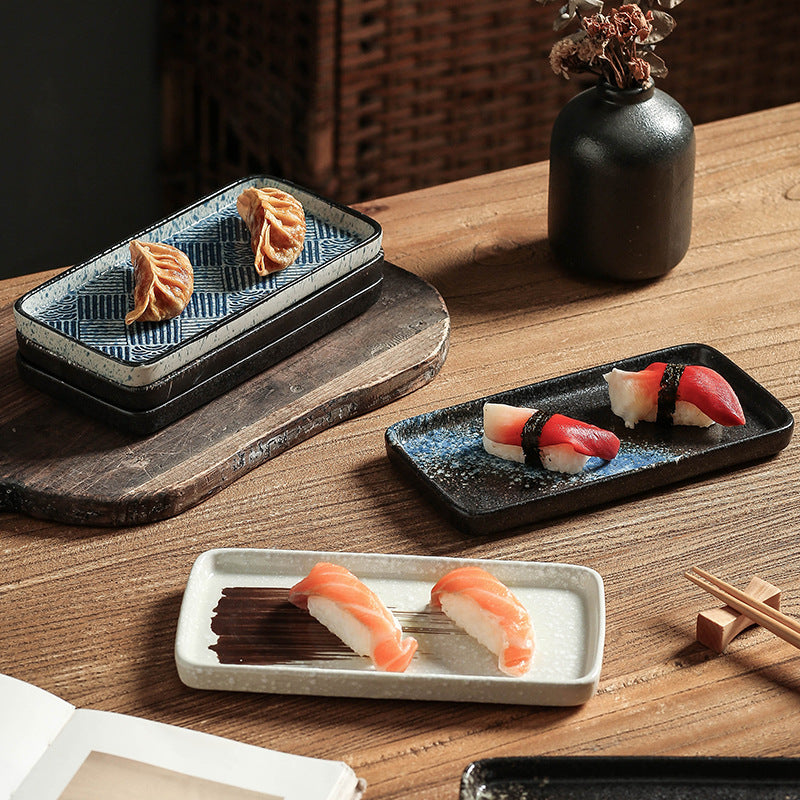 Japanese retro ceramic rectangular sushi plate - perfect for home use, desserts, pastries, creative flat plates, dim sum, and snacks
