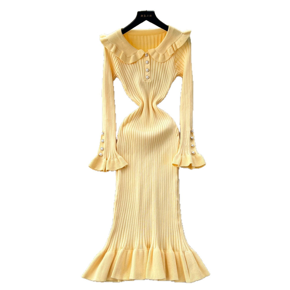 Frenchretro doll collar bell sleevesilmdress women's autum waist slimming lookelegantrufflesknitting skirt