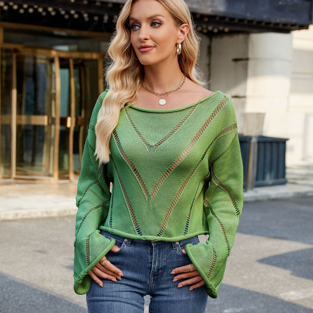 European and american cross-border e-commerce women's spring new arrivals:  independent store hollow-out loose round neck long sleeve pullover sweater